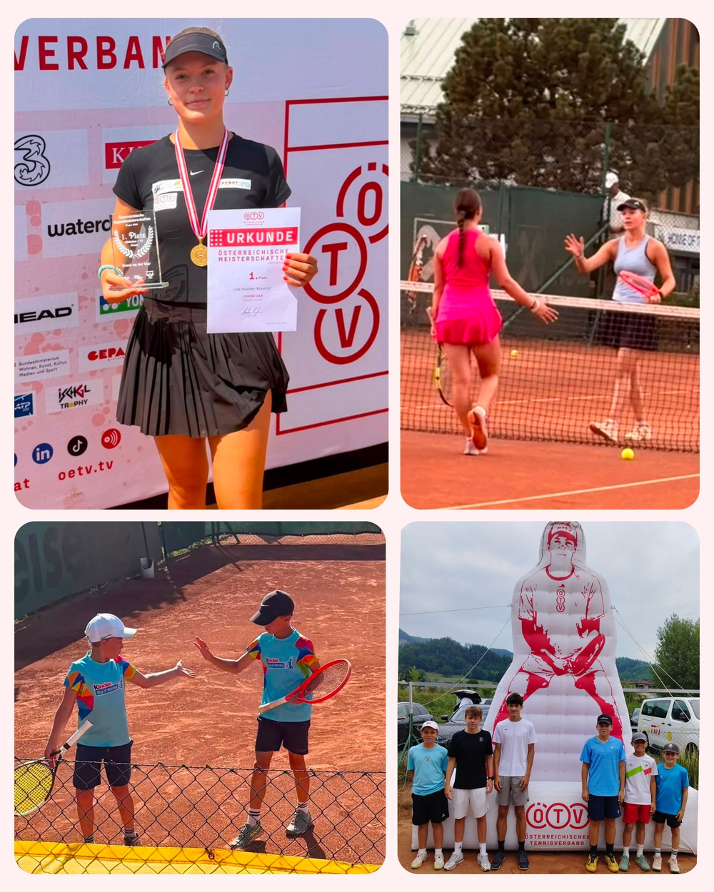 Tennis-Meisterin Lea Hasenauer mit Urkunde und Pokal, Spielerinnen am Platz, Kinder beim Tennistraining und junge Spieler vor aufblasbarer Figur
